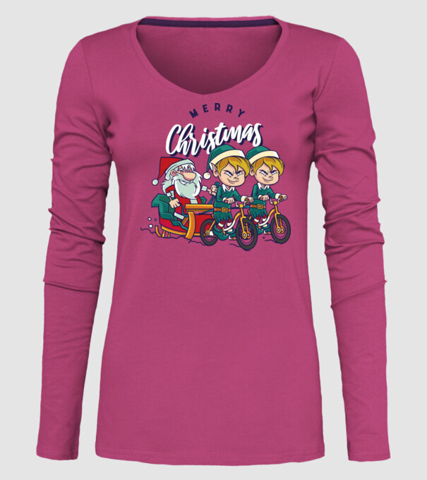 Merry Christmas Moș Crăciun cu sanie cu bicicletă model roz pe tricou