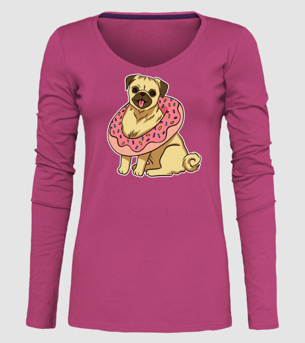 Mops cu gogoașă la gât model roz pe tricou