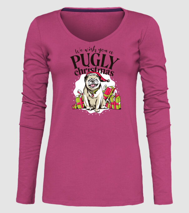 We wish You a Pugly Christmas tricou cu mops model roz pe tricou