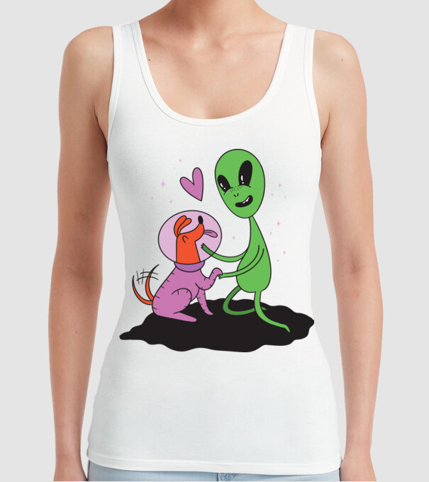 Alien cu câine model alb pe tricou