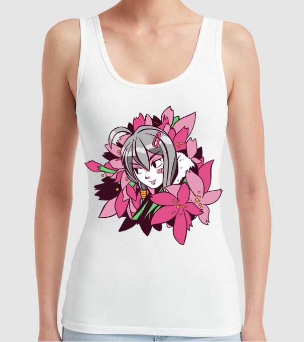 Anime fată printre flori model alb pe tricou