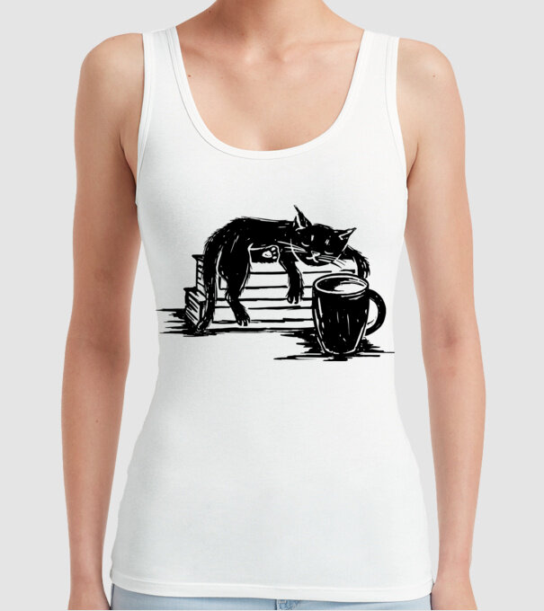 Pisică și cafea model alb pe tricou