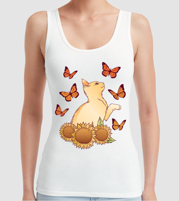 Pisică cu fluturi model alb pe tricou