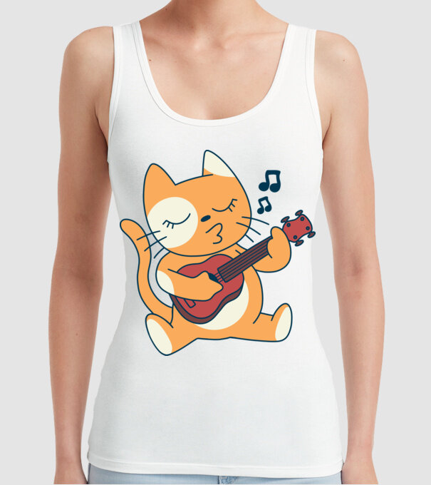 Pisică chitară Ukulele model alb pe tricou