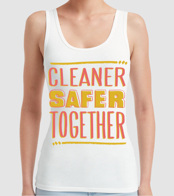 Cleaner Safer Together model alb pe tricou