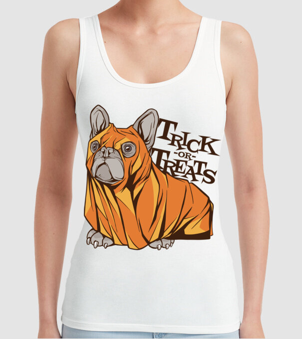 Trick or Treat Mops Halloween model alb pe tricou