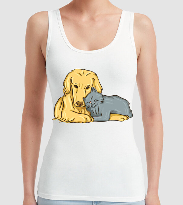 câine pisică drăguță împreună model alb pe tricou
