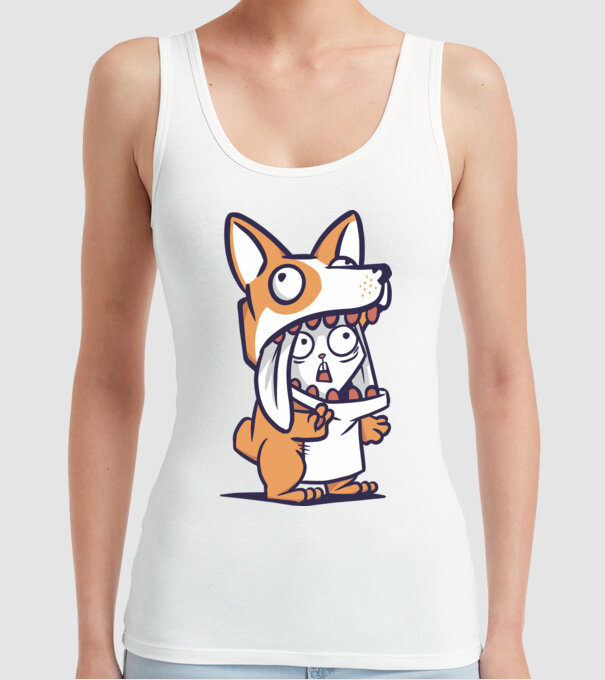 Iepuraș drăguț în costum Corgi model alb pe tricou