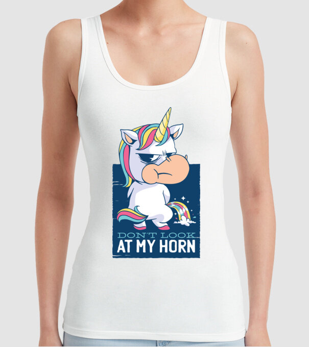 'Don''t look at my horn tricou amuzant unicorn' model alb pe tricou