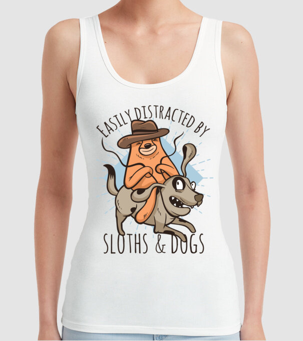 Easily Distracted by Sloths & Dogs model alb pe tricou