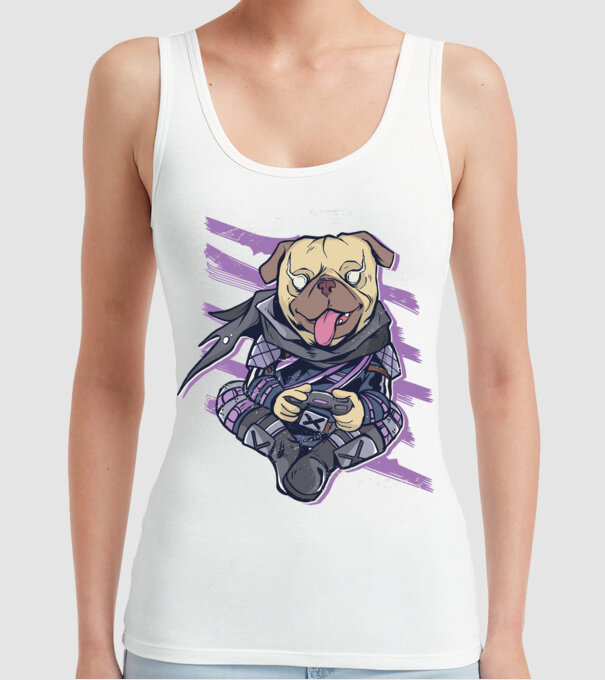 Mops Gamer tricou amuzant cu câine model alb pe tricou