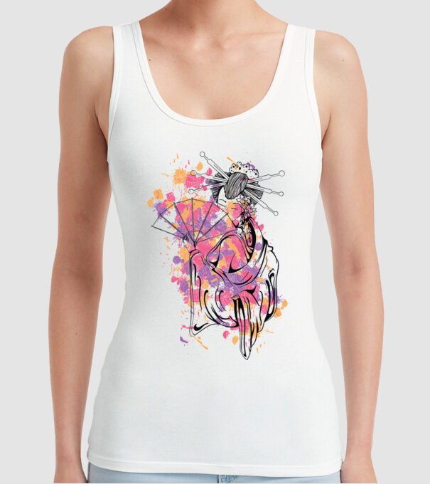 Geisha cu evantai model alb pe tricou