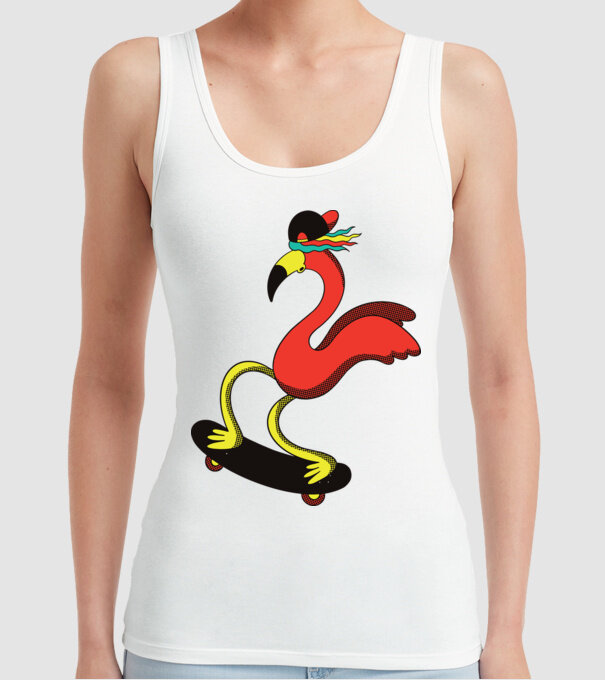 Flamingo Skateboarder model alb pe tricou