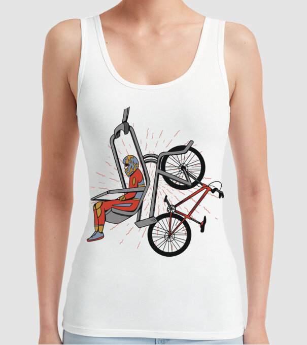 Biciclist montain bike pe teleferic model alb pe tricou