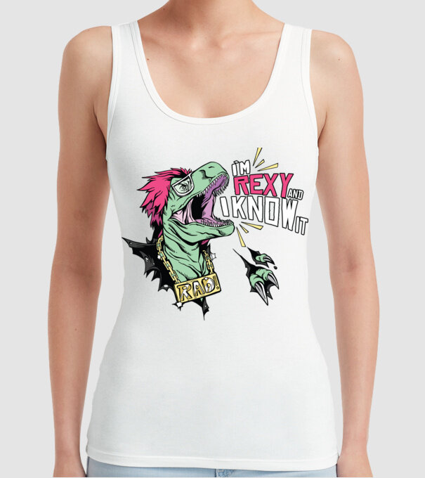'I''m Rexy and I know it - tricou dinozaur amuzant' model alb pe tricou