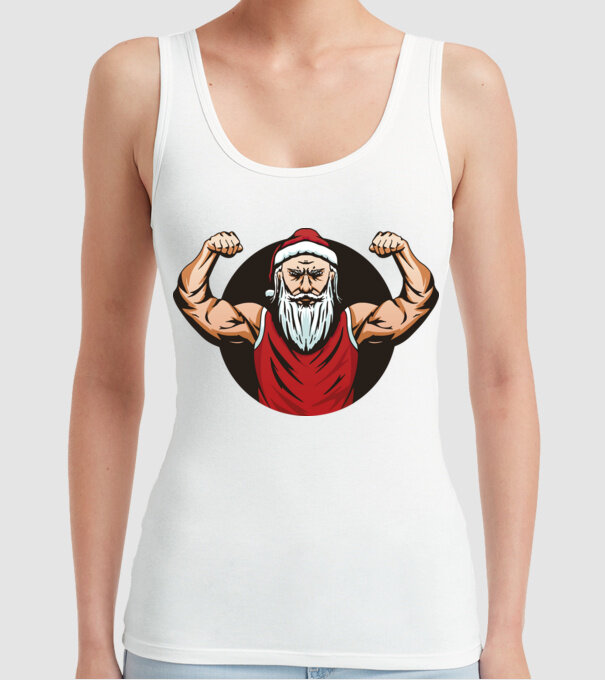Moș Crăciun musculos model alb pe tricou