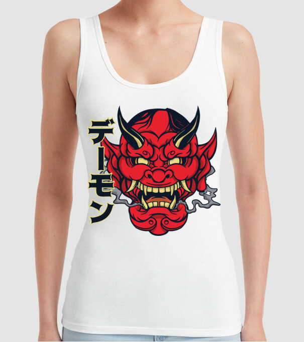 Mască demon chinez model alb pe tricou