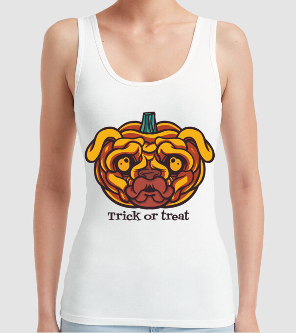 Mops cap de dovleac Halloween model alb pe tricou