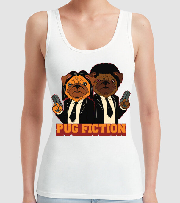 Pug Fiction Pugs Mops Pulp Fiction parodie model alb pe tricou