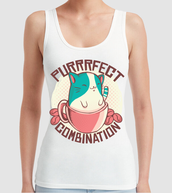 Purrrfect Combination Cafea cu pisică model alb pe tricou
