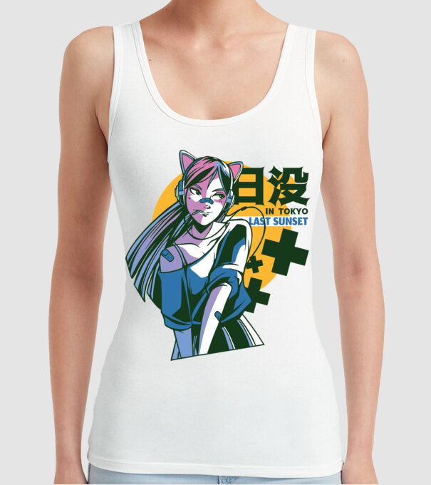 Fată Anime Sunset Tokyo model alb pe tricou