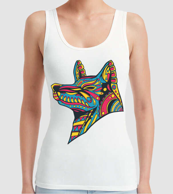 Cap de lup colorat model alb pe tricou