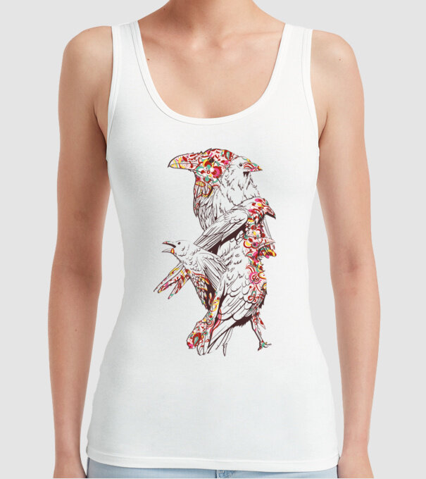 Păsări colorate model alb pe tricou