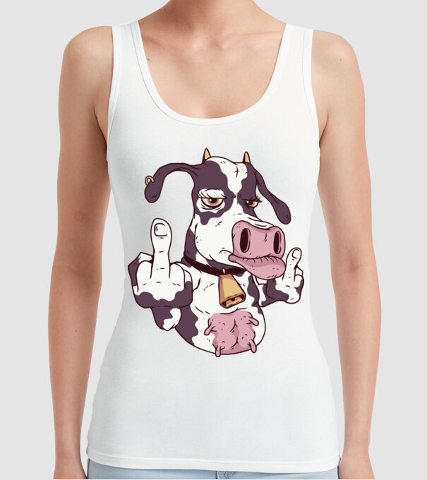 Vaca arată degetul model alb pe tricou