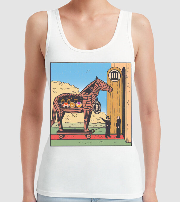 Cal troian Bitcoin model alb pe tricou