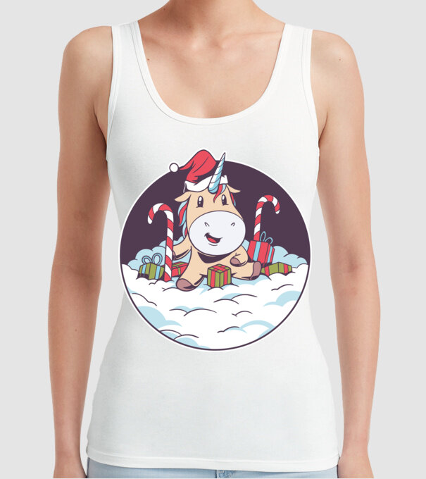 Unicorn Moș Crăciun cu cadouri model alb pe tricou