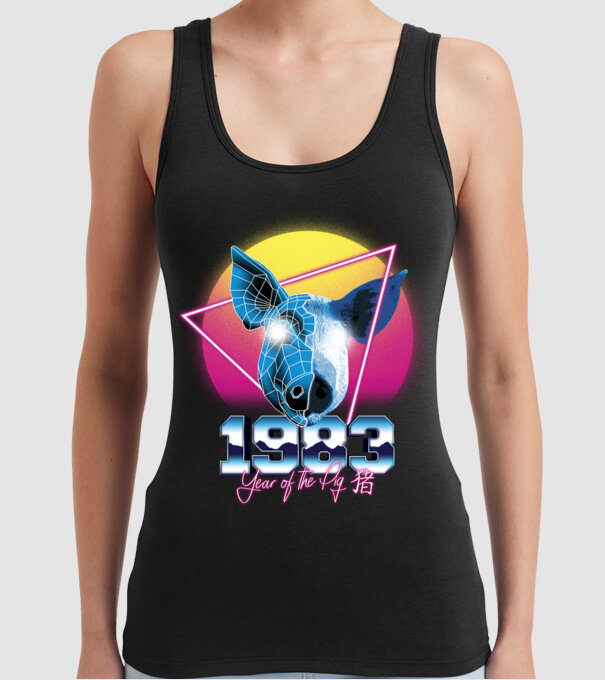 1983 Year of the Pig model negru pe tricou