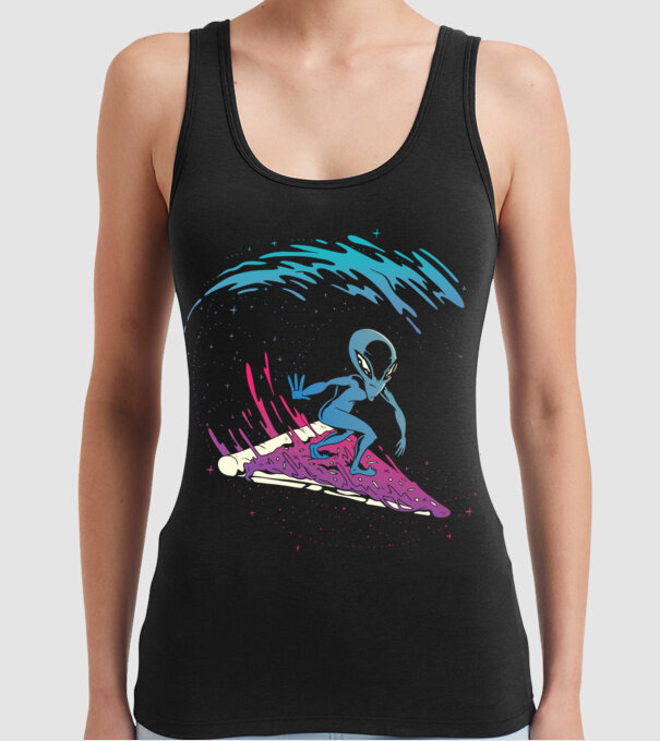 Alien Pizza Surf tricou amuzant model negru pe tricou