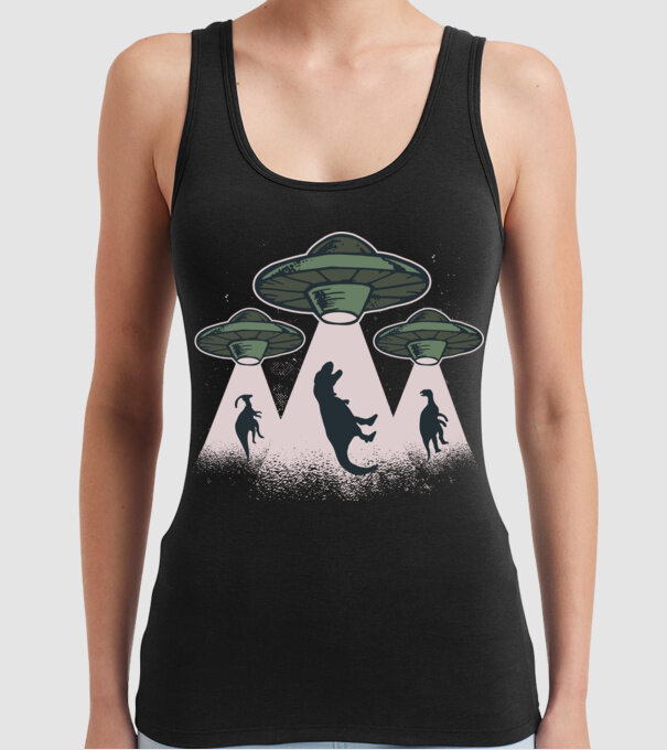 Alien OZN dinozaur model negru pe tricou