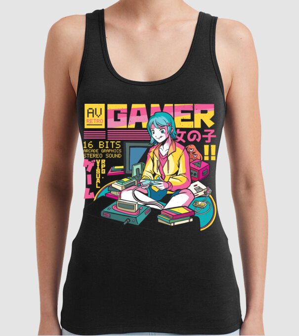 Anime fată Gamer model negru pe tricou