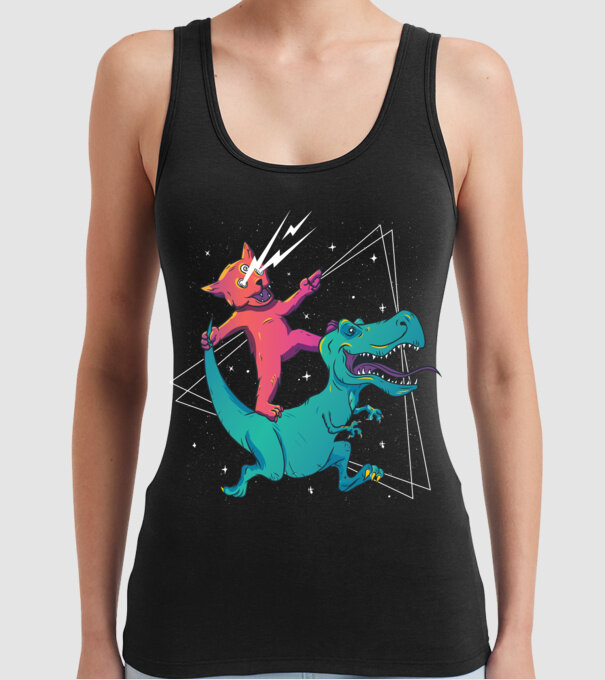 Pisică drogată pe dinozaur model negru pe tricou