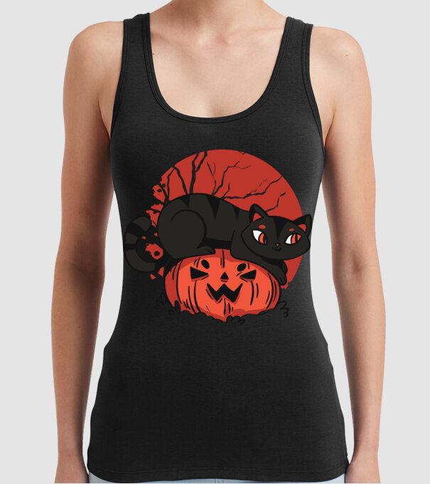 Pisică pe dovleac Halloween model negru pe tricou