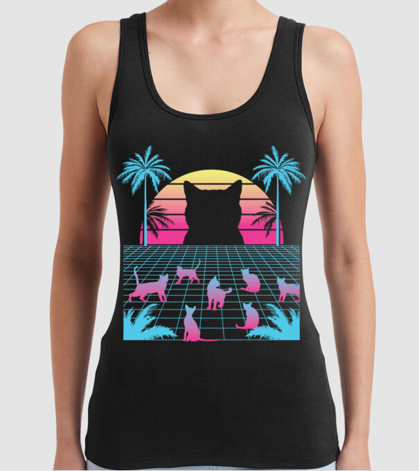 Pisică Vaporwave neon model negru pe tricou