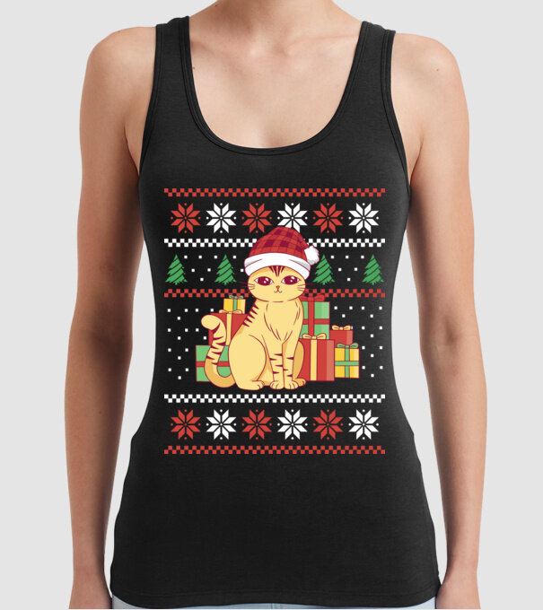 Pulover urât cu pisică model negru pe tricou