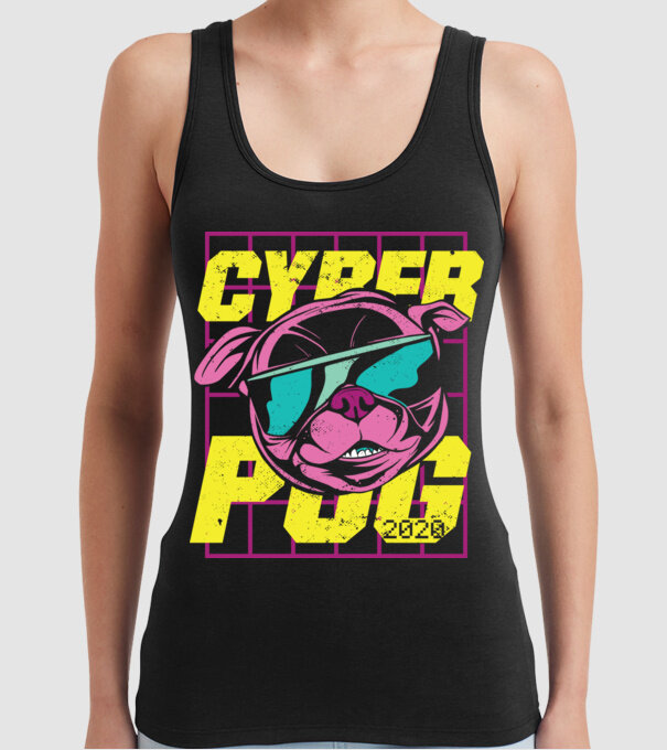 Mops Cyber Pug model negru pe tricou