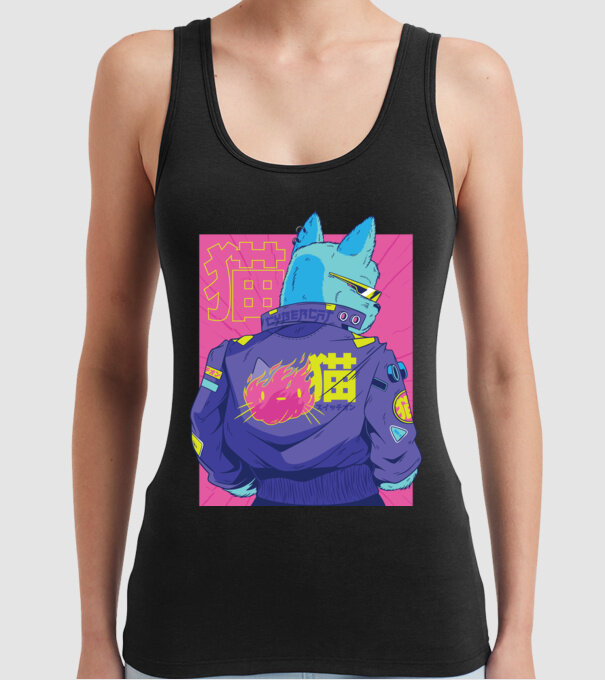 Pisică Cyberpunk model negru pe tricou