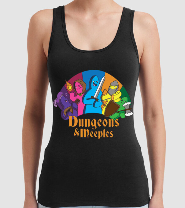 Dungeons Meeples model negru pe tricou