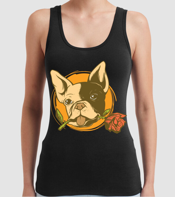Bulldog francez cu trandafir model negru pe tricou
