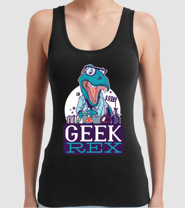 Geek Rex dinozaur tricou model negru pe tricou