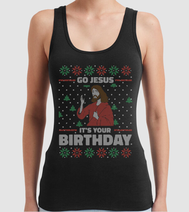 'Go Jesus, It''s Your Birthday Ugly Sweater' model negru pe tricou