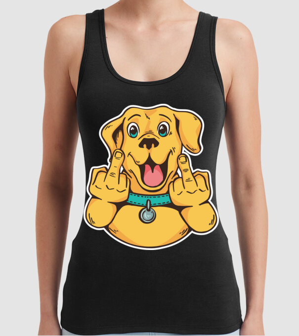 Golden Retriever arată degetul model negru pe tricou