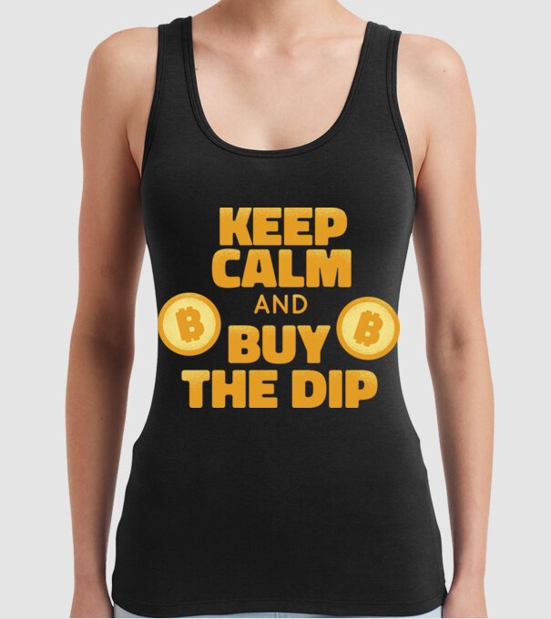 Keep calm and buy the dip Bitcoin model negru pe tricou