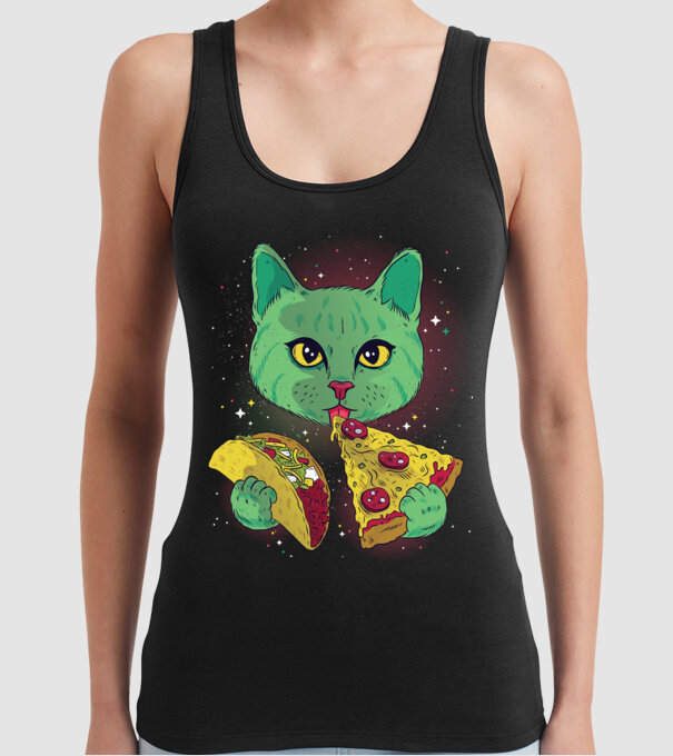 Pisică Cosmică Pizza și Taco model negru pe tricou