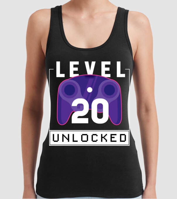 Level 20 Unlocked Gamer Birthday model negru pe tricou