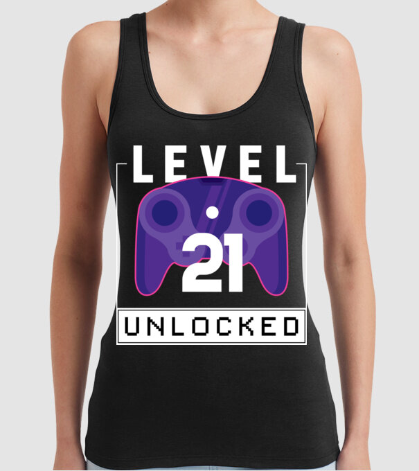 Level 21 Unlocked Gamer Birthday model negru pe tricou