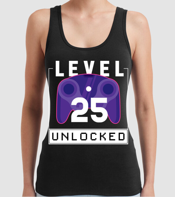 Level 25 Unlocked Gamer Birthday model negru pe tricou